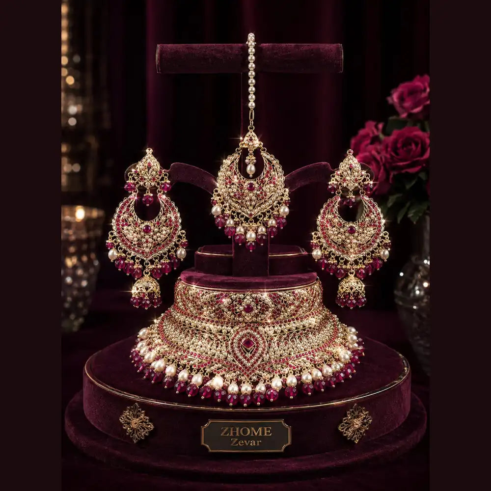 Royal Red Crystal Choker Necklace Set with Earrings – Handmade Gold-Plated Bridal Jewellery